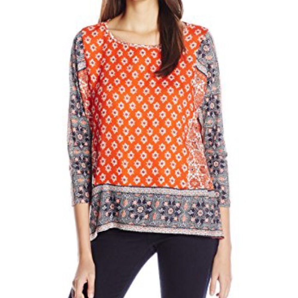 Lucky Brand Orange and Blue Patterned Top